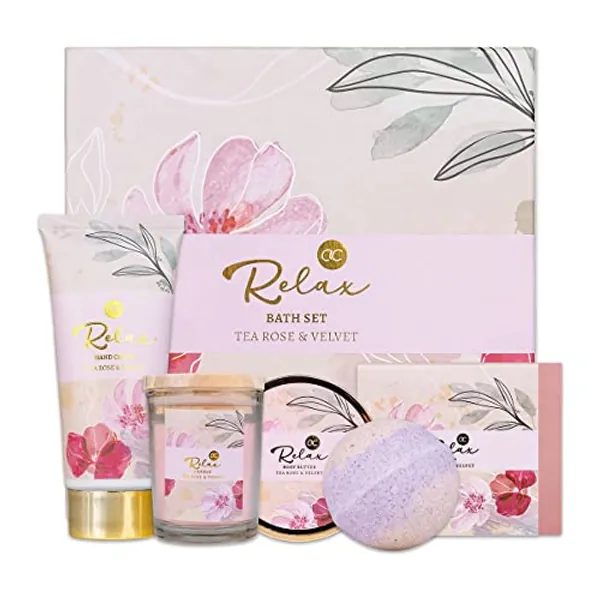 accentra - Geschenkset RELAX 5-teilig - Badeset Geschenk mit Duftkerze, Seife, Handcreme, Körperbutter & Badebombe – Wellness Set für Frauen & Mädchen zum Geburtstag & besonderen Anlässen
