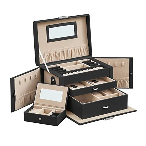 SONGMICS Schmuckkasten, Schmuckkästchen mit 2 Schubladen, abschließbarer Schmuck-Organizer mit Spiegel, herausnehmbare Reise-Box, für Ringe, Armbänder, Ohrringe, Samtfutter, schwarz JBC121B
