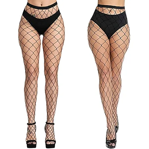 Aomig Netzstrumpfhose Schwarz, 2pcs Fishnet Stockings Strümpfe, Elastisch Hohe Taille Schenkelhohe Strümpfe Strumpfhosen, Mode Strumpfhosen Netzstrümpfe für Damen Alltagskleidung(großes netz)