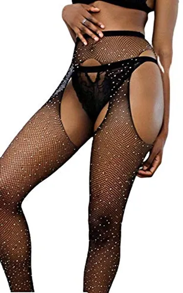AMUSTER Damen Mesh Strumpfhosen Sexy Frauen Fischnetz Strumpfhosen Geöffneter Gabelung Mesh Strumpfhosen Glänzende Strass Strümpfe Spitze Netzstrumpfhose (Free size, Schwarz)