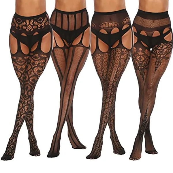 MANZI 4 Paar Net Strumpfhosen Damen Muster Sexy Netzstrumpfhosen Hohe Taille Netzstrümpfe Elastisch Schwarz Feinstrumpfhosen