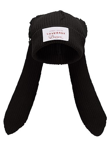 Knit Beanie Hats Cute Bunny Long Ears Funny Hat Fluffy Winter Cap Warm Knit Rabbit Crochet Skull Cap Outdoor Slouchy Hat - One Size - Black