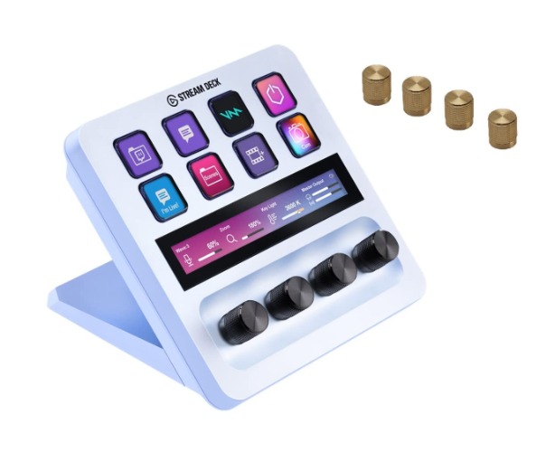 Elgato Stream Deck + Audio Mixer with White/Gold Dial, Studio Controller, Production Console, Macro Key, Touch Strip, Dial, Unlock Wave Link, Mac/PC Compatible - Stream Deck + Gold Dial - white