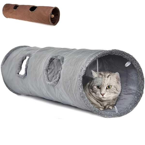 LeerKing kattentunnel kattenspeelgoed opvouwbare speeltunnel Knetterend ritselende tunnel voor alle katten en kleine dieren 2 grotten 130 * 30cm grijs