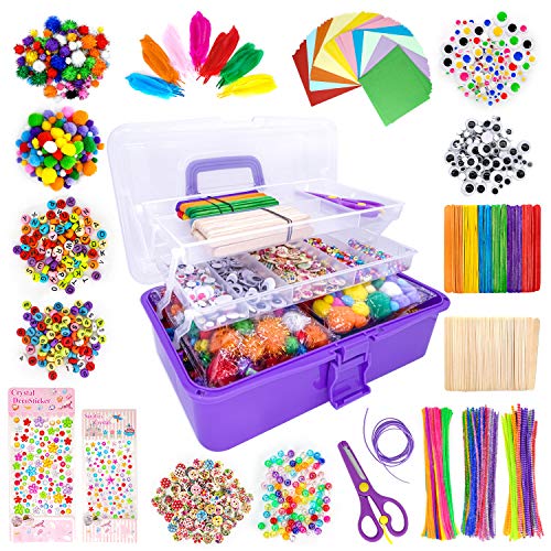 1405 Pcs Kids Craft Supplies - Pipe Cleaners, Pom Poms, Feathers, Folding Box - DIY Art Set for Toddlers (Purple) - A0-Purple