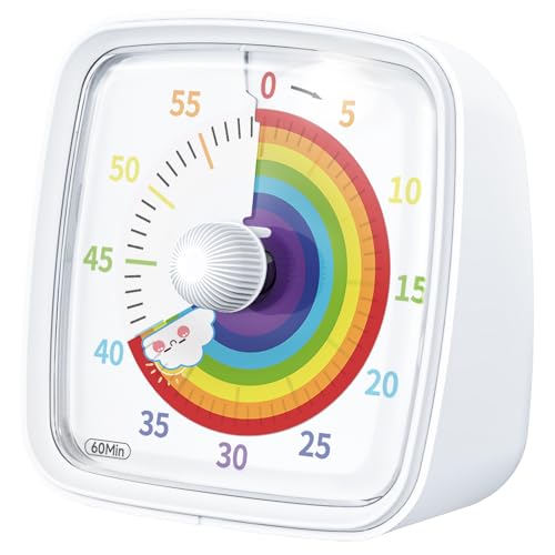 Ainowes 60-Minute Visual Timer with Night Light, Countdown Timer for Classroom Home Kitchen Office, Pomodoro Timer with Rainbow Pattern for Kids and Adults (White) - White