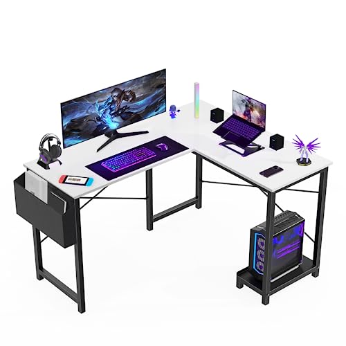 Sweetcrispy L Shaped Computer Desk - Gaming Table Corner Desk 50 Inch PC White Writing Desk Study Desks with Wooden Desktop CPU Stand Side Bag Reversible for Home Office Room Small Space - 50 Inch - Whitewood