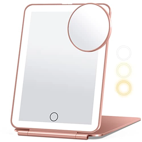 Travel Makeup Mirror with 10X Magnifying Mirror, Vanity Mirror with 80LEDs, 3 Color Lighting, Rechargeable 2000mAh Batteries, Portable Ultra Slim Lighted Makeup Mirror, Gift for Women (Rose Gold)