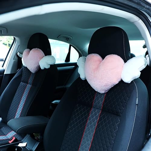Macarrie 2 Pcs Plush Heart Shaped Pillow with Angel Wings Car Headrest Pillow Soft Comfortable Car Seat Pillow for Driving Travelling Room Office Car Decor, 19.7 x 8.3 Inch (Pink)