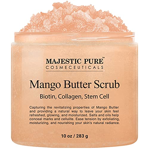 Majestic Pure Mango Butter Body Scrub - With Biotin, Collagen, Stem Cell - Exfoliating Salt Scrub to Exfoliate and Moisturize Skin - Deep Skin Cleanser - Natural Skin Care for Men and Women - 10 oz - 10 Fl Oz (Pack of 1)