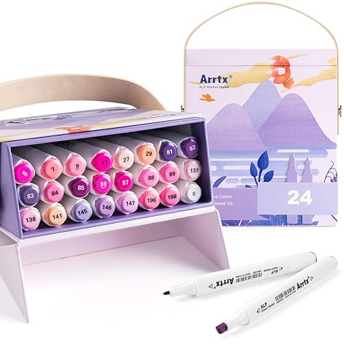 Arrtx Floral Colors Markers Set, Set of 24 Light to Dark of Purple Violet Pink Colors Permanent Art Markers with Dual Tips for Drawing Sketching, Comic, Anime, Illustrations - ALP24-Purple Colors