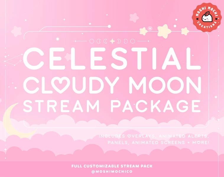 Celestial Cloudy Sky Stream Pack For Twitch, Panels, Animated Screens, Alerts, Overlay Set, Streaming Package, Lofi Aesthetic, Dark Theme