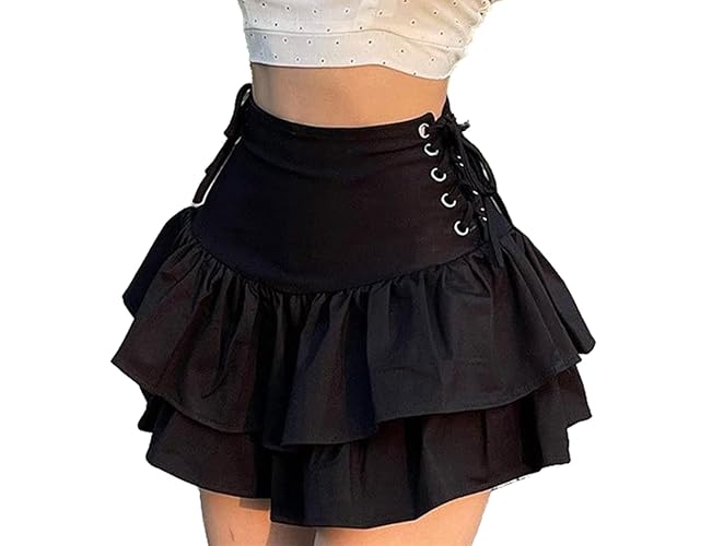 Women Gothic Skirt Fairy Grunge Aesthetic Mall Goth Mini Skirts 2000s E Girl Clothing Fluffy Ruffle Lace-Up - Medium - Black