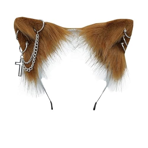 VIGVAN Cat Cosplay Ears Accessories Punk Gothic Cross Cat Ears Headbands Clips - Tan