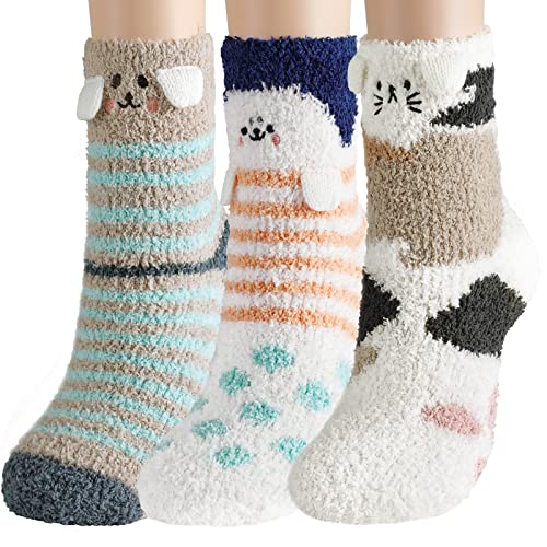 3 Pairs Fuzzy Socks for Women - Warm Animal Socks Fuzzy Socks Fluffy Socks Soft Cozy Socks Winter Plush Slipper Socks Doll Socks