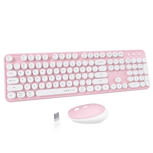 UBOTIE Colorful Computer Wireless Keyboard Mouse Combos, Typewriter Flexible Keys Office Full-Sized Keyboard, 2.4GHz Dropout-Free Connection and Optical Mouse (Pink-White) - Pink-white
