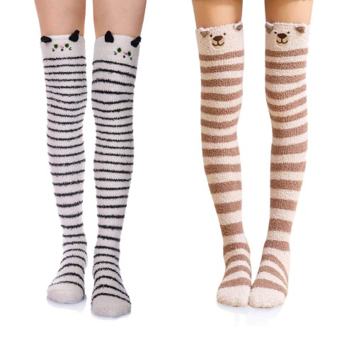 Wander G Womens Over Knee High Fuzzy Socks Cute Cartoon Thigh High Stockings Warm Stripe Leg Warmers - 2 Pair Cat/Dog
