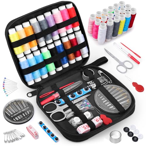 Coquimbo Sewing Kit Gifts for Grandma, Mom, Friend, Adults Beginner Kids Traveler, Portable Sewing Supplies Accessories with Case Contains Thread, Needle, Scissors, Measure Tape, Thimble etc(Black, M) - Black - M