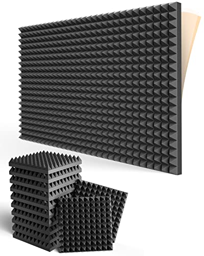Upgraded 12 Pack Self-adhesive Sound Proof Foam Panels 2" X 12" X 12" - Acoustic Panels with High Density, Pyramid Design Acoustic Foam. Fast Expand, Absorbs Sound and Eliminates Echoes - 10 Pyramid 2 Inch 12 Pack - Black