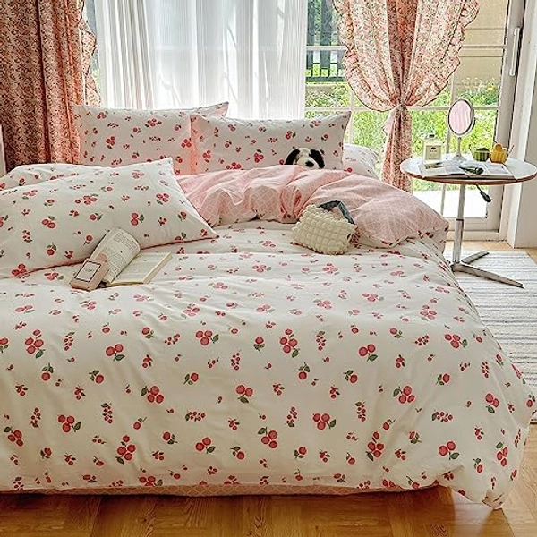 VM VOUGEMARKET Cute Cherry Duvet Cover Set Twin Pink White Girls Kawaii Bedding Set 100% Cotton Fruit Comforter Cover with Zipper-Twin Size