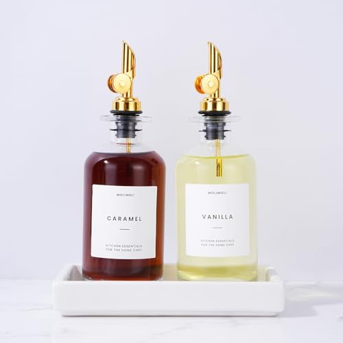Molimoli Olive Oil Dispenser Bottle for Kitchen, Coffee Syrup Dispenser w. Weighted Pourer, Glass Bottle Dispenser for Kitchen with Ceramic Tray | Gold, 350ml, Set of 2 - 350ml, Set of 2 + Tray - Gold