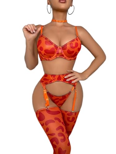 VUUEAN Women's printed Lingerie set, including stockings, gloves, suspenders, bra and Lingerie 5PCS - Medium - 5pcs-orange