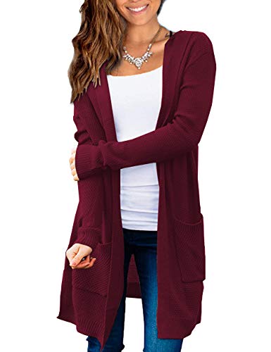 Beecarchil Women's Long Sleeve Hoodie Sweaters Open Front Cardigan with Pockets - Large - Burgundy