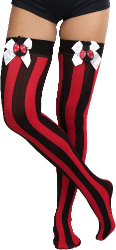 ToBeInStyle Women’s Wide Vertical Striped Thigh High Halloween Party Novelty Stockings - Black & Red W/ Ladybug