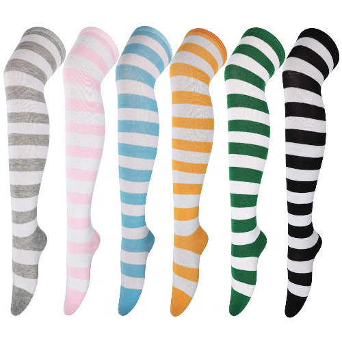 DRESHOW 6 Pairs High Thigh Socks Striped Over Knee Thin Tights Long Stocking for Women Leg Warmer