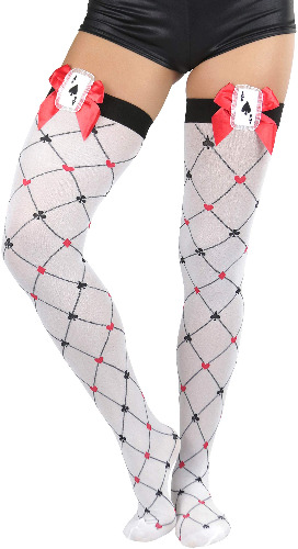 ToBeInStyle Women's Opaque Satin Bow Accent Thigh Highs - One Size Spade Deck Cards Queen of Hearts Jester Diamonds Print - White