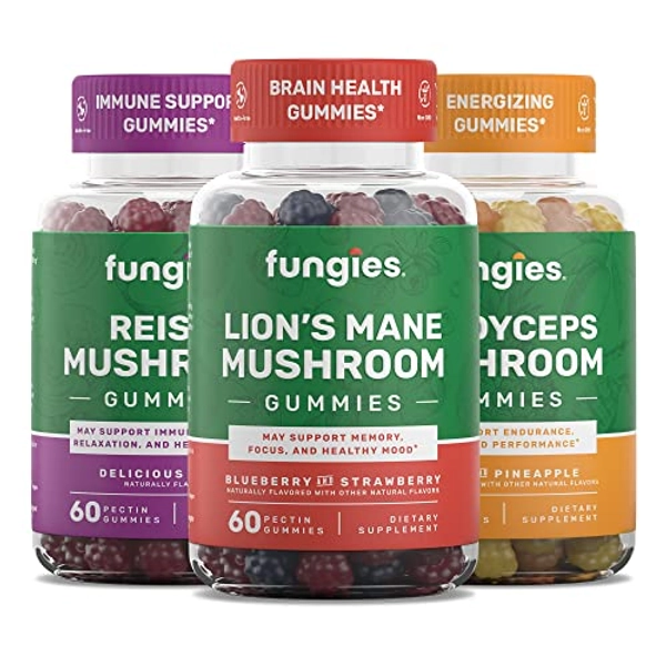 Fungies Superfood Mushroom Gummy Bundle - Lion's Mane, Cordyceps, Reishi - Brain Health, Energy, Relaxation Support - 180 Count (Gelatin-Free, Gluten-Free, Non-GMO, Vegan)