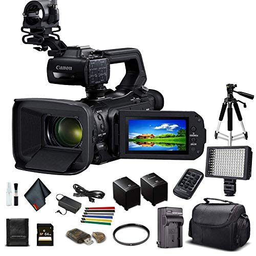 Canon XA55 Professional UHD 4K Camcorder (3668C002) W/Extra Battery, Soft Padded Bag, 64GB Memory Card, LED Light, UV Filter, Tripod and More Starter Bundle (Renewed)