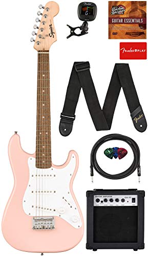 Fender Squier 3/4-Size Kids Mini Strat Electric Guitar - Shell Pink Learn-to-Play Bundle with Amplifier, Cable, Tuner, Strap, Picks, Fender Play Online Lessons, and Austin Bazaar Instructional DVD - Bundle w/ Amplifier - Shell Pink