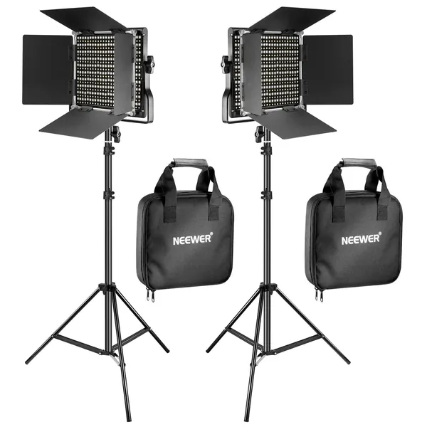 NEEWER 2 Pieces Bi-color 660 LED Video Light and Stand Kit Includes:(2)3200-5600K CRI 96+ Dimmable Light with U Bracket and Barndoor and (2)75 inches Light Stand for Studio Photography, Video Shooting - 