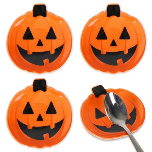 Whaline 4Pcs 2.6inch Halloween Mini Ceramic Spoon Rests Orange Black Pumpkin Small Coffee Spoon Holder for Coffee Stirrers Teaspoon Bar Spoon Coffee Station Bar Accessories