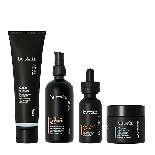 Buttah Skin Supreme Kit for Melanin Rich Skin | Oil-Free Hyaluronic Gel Cream 2 oz | Vitamin C Serum 1 oz | Cleanser 3.4 oz | Rosewater Toner 3.4 oz | Black Owned Skincare - Oil-Free Gel Cream