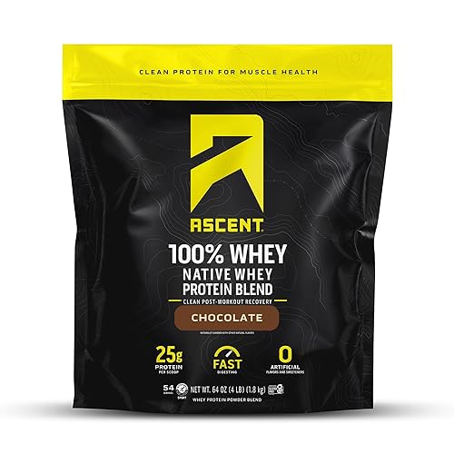Ascent 100% Whey Protein Powder - Post Workout Whey Protein Isolate, Zero Artificial Flavors & Sweeteners, Soy & Gluten Free, 5.5g BCAA, 2.6g Leucine, Essential Amino Acids, Chocolate 4 lb - Chocolate - 4 Pounds (Pack of 1)