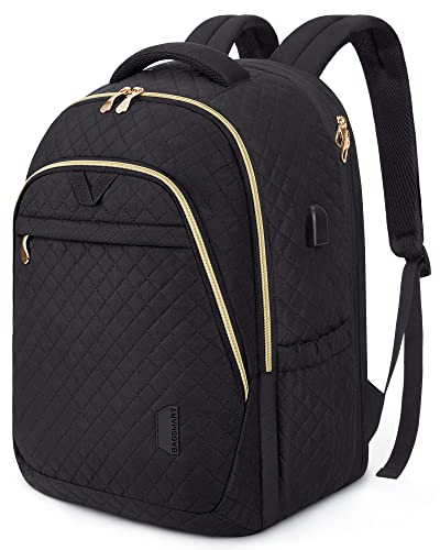 BAGSMART Travel Laptop Backpack Women 17.3 Inch Computer Backpack with USB Charging Port College Bookbag Work Business, Quilted Black - Black 17.3