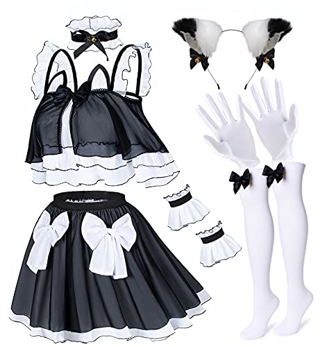 Wannsee Anime Crop-Top Maid Fancy Princess Skirt Cosplay Costume Furry Cat Ear Gloves Socks set - X-Large - Black