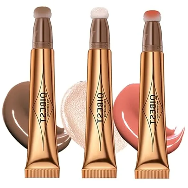 Beauty Searcher Flüssige Kontur Beauty Wand, Gesichts Highlighter und Bronze Stick mit Kissen Applicator befestigt, lange anhaltende seidige Creme Gesicht Highlighter Bronze Make-up Stick (01&02&04) - #3PCS (01-02-04) - 1 g (1er Pack)
