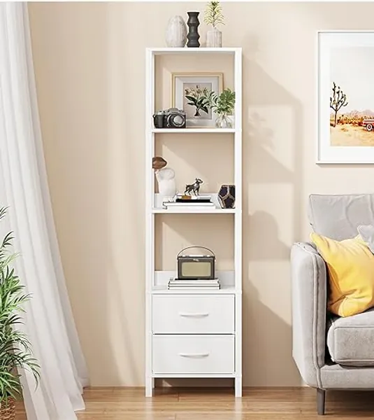 Bücherregal mit 6 Etagen und Fallschutz, hohes Bücherregal für Bücher, Garagenausrüstung, CDs, Filme, Industrielle Stehende Bücherregale Aufbewahrungsorganisation für Schlafzimmer Büro Wohnzimmer - Weiß