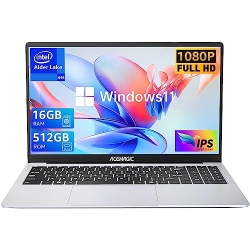 ACEMAGIC Laptop 15.6 FHD 16GB DDR4 512GB SSD, Intel Quad-Core 12th Alder Lake N95(Up to 3.4GHz) with Windows 11 Pro PC, Light Metal Laptop Computers Support 2.4G/5G WiFi, BT5.0, 2×Speaker, Mic, USB3.2 - Alder Lake N95 16GB+512GB