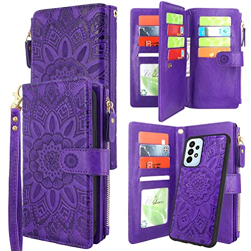 Harryshell Compatible with Samsung Galaxy A23 4G /5G Wallet Case with Detachable Magnetic Phone Cover Zipper Cash Pocket Multi Card Slots Holder Wrist Strap Lanyard (Floral Purple) - Floral Purple