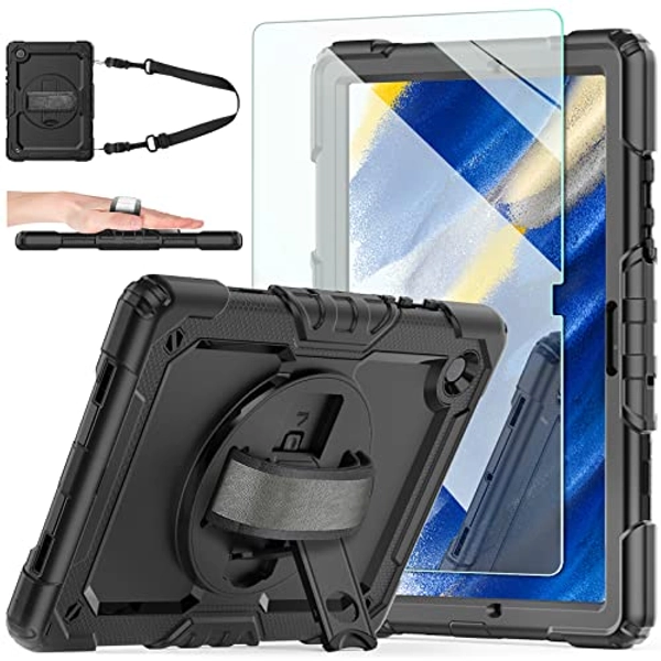Samsung Galaxy Tab A8 10.5 Inch Case 2022 SM-X200/X205/X207, [Kids Proof] Ambison Full Body Protective Case with 9H Tempered Glass Screen Protector, 360° Rotatable Kickstand & Hand Strap (Black)