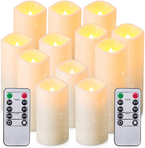 Flameless Candles, Led Candles Set of 12(D 2.1" X H 4" 5" 6" 7") Resin Candles with Remote Timer Waterproof Outdoor Indoor Candles (Made of Plastic)