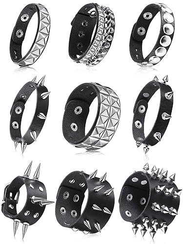 Hicarer 9 Pieces Spiked Studded Bracelet Black Leather Rivet Punk Bracelet Cuff Wrap Bangle Snap Button Metal Wristband for Men Women - Classic Style