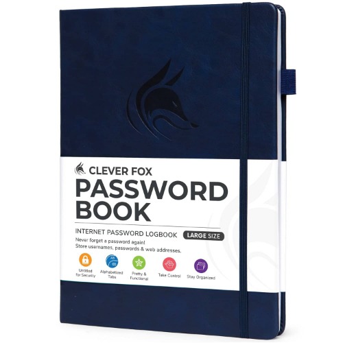 CLEVER FOX | Password Book - Never Forget Your Passwords Again | Dark Blue / Large
