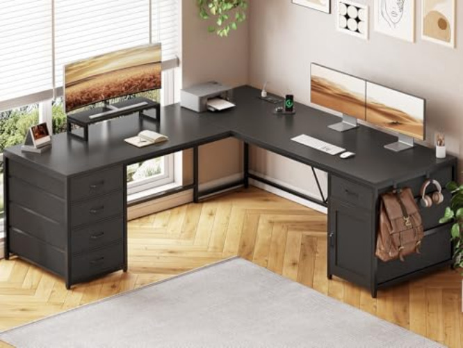 SEDETA L Shaped Desk, 63" Computer Desk with 5 Drawer & Power Outlet,Long Home Office Desk or Corner Desk, L Shaped Corner Desk with Monitor Shelf, Storage Cabinet, Black - Black