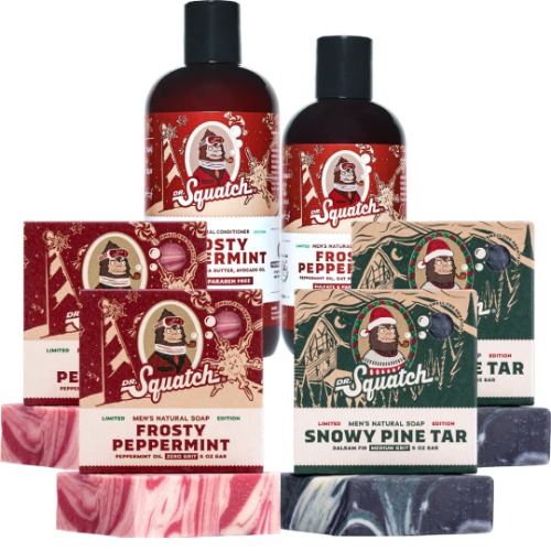 Dr. Squatch Men's Natural Soap and Hair Care - Snowy Pine Tar and Frosty Peppermint Soap and Frosty Peppermint Shampoo and Conditioner - Blizzard Expanded Pack - Limited Edition Holiday Bundle