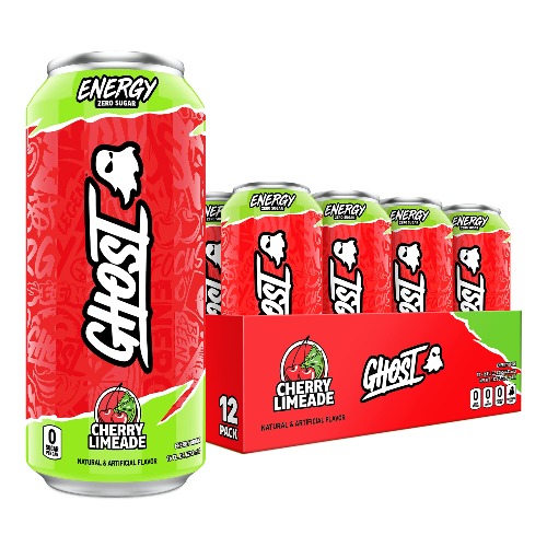 GHOST ENERGY Sugar-Free Energy Drink - 12-Pack, Cherry Limeade, 16oz - Energy & Focus & No Artificial Colors - 200mg of Natural Caffeine, L-Carnitine & Taurine - Soy & Gluten-Free, Vegan - Cherry Limeade